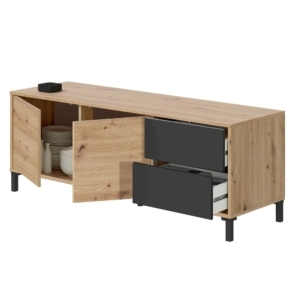 Mueble-TV-2-puertas-2-cajones-lado-derecho-apertura-puertas-tipo-push-abierto-Gris-roble-Albatera